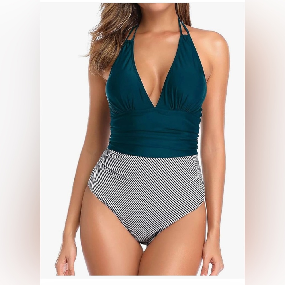 MOVING, MUST SELL! NEVER WORN Teal and Striped One-Piece Swimsuit